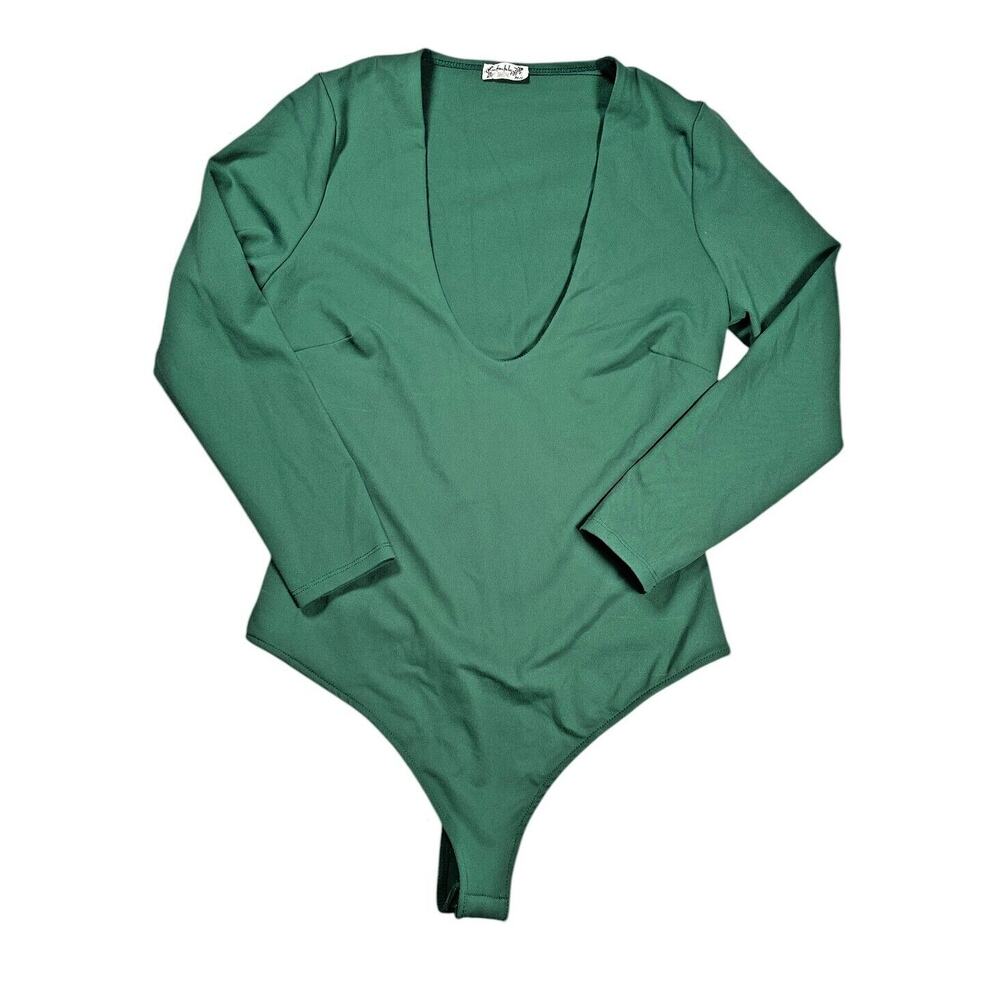 Intimately Free People Close Call Duo Bodysuit S Green Deep V Snap Closure Thong